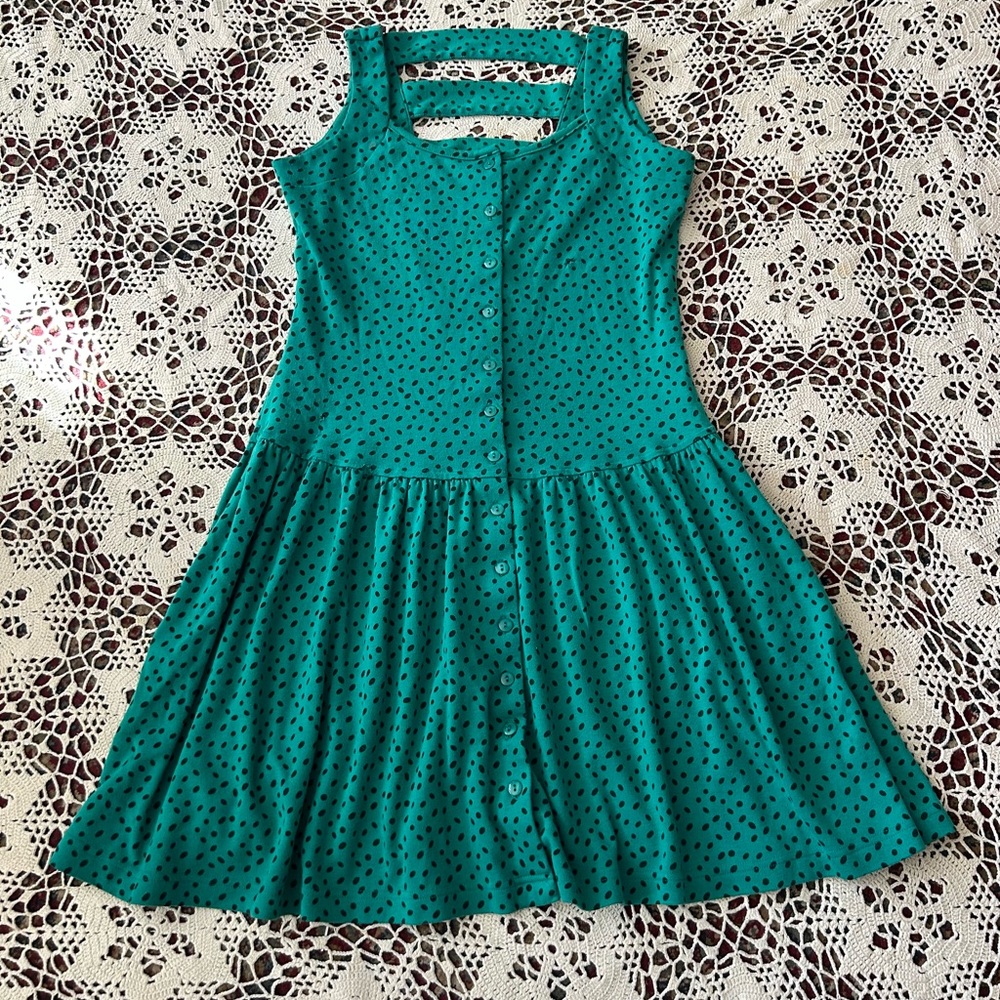 Vintage Teal Blue and Black Polka Dot Dress
